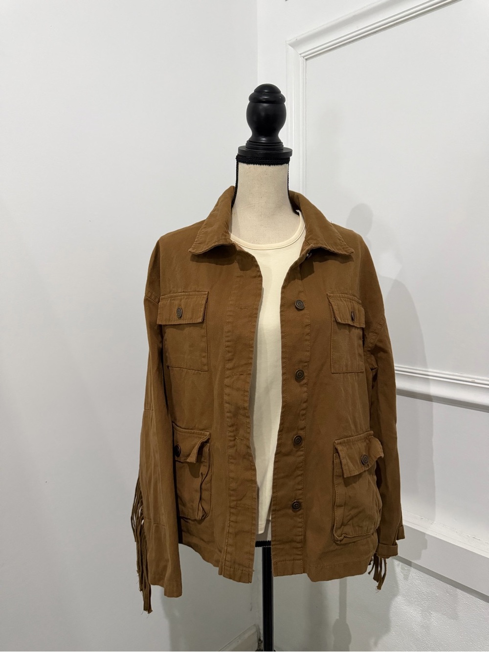 Fringe-Trim Brown Utility Jacket